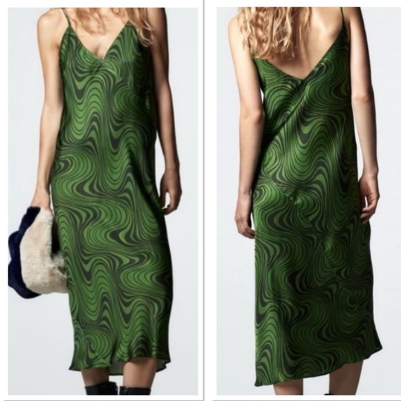 Zara Lara Psychedelic v-neck satin green Midi Slip Dress XL - Picture 2 of 13